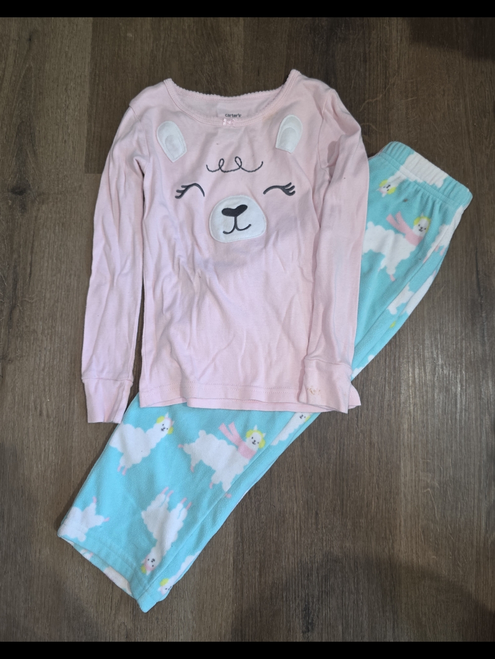 Carter's Pink Bear Face Top with Aqua Llama Print Pajama Set